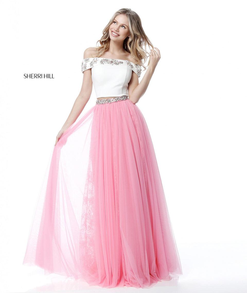 Sherri Hill Two Piece With Off-the-shoulder Jersey Bodice And Tulle Skirt With Lace Appliqued Layer Underneath