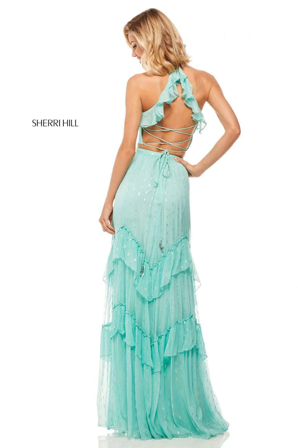 Sherri Hill Two-piece With Ruffle Neckline And Lace Up Back Halter Top And Chiffon Skirt With Metallic Detail And Ruffles