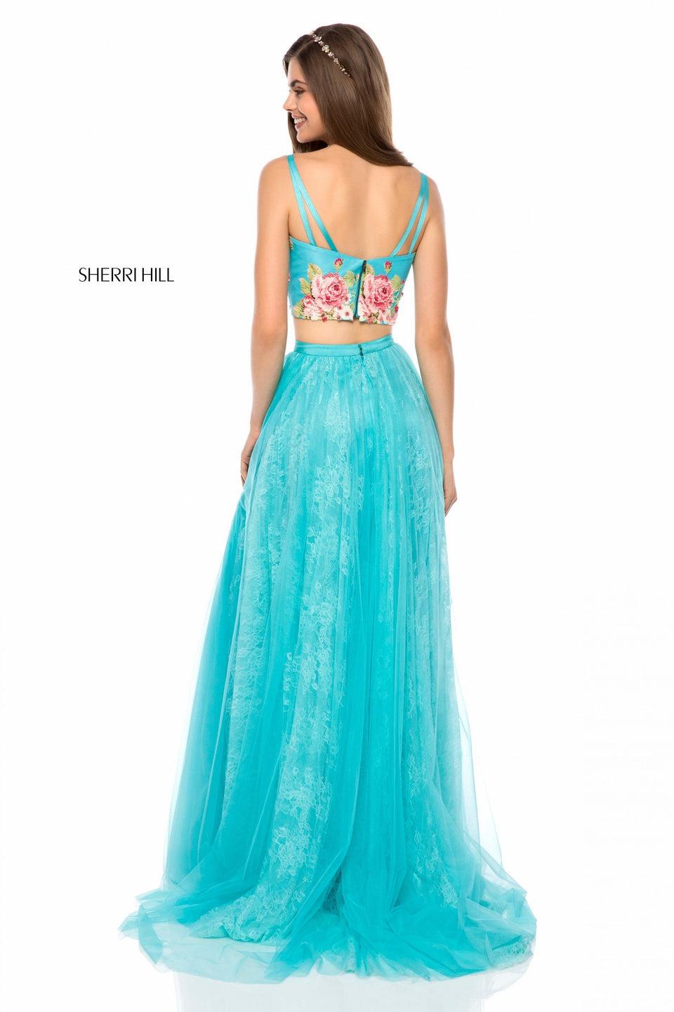 Sherri Hill Two Piece With Satin Floral Print Bodice And Tulle Skirt With Lace Appliqued Layer Underneath