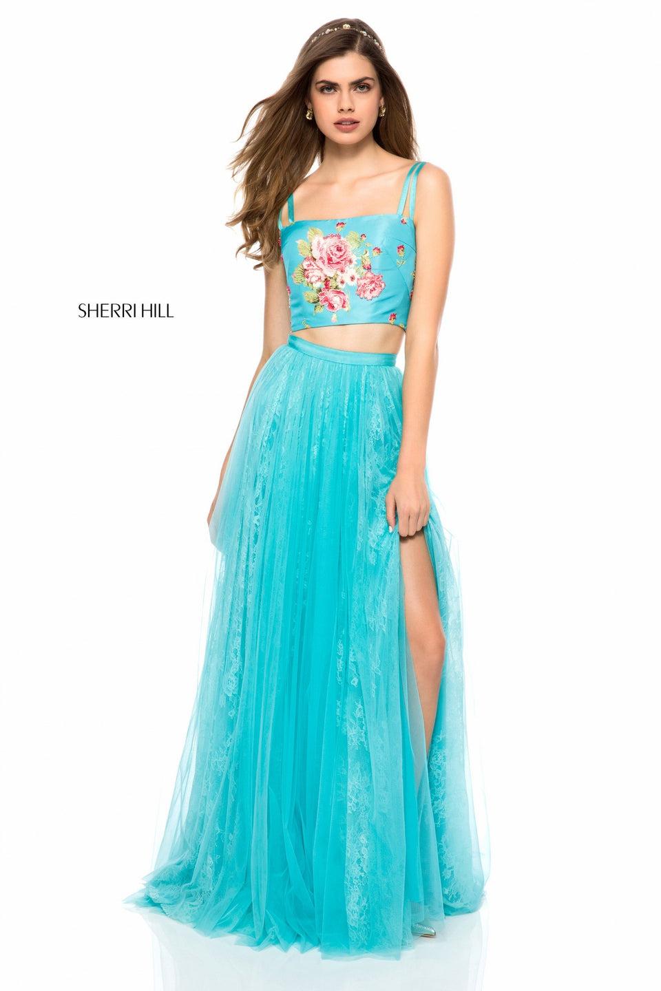 Sherri Hill Two Piece With Satin Floral Print Bodice And Tulle Skirt With Lace Appliqued Layer Underneath