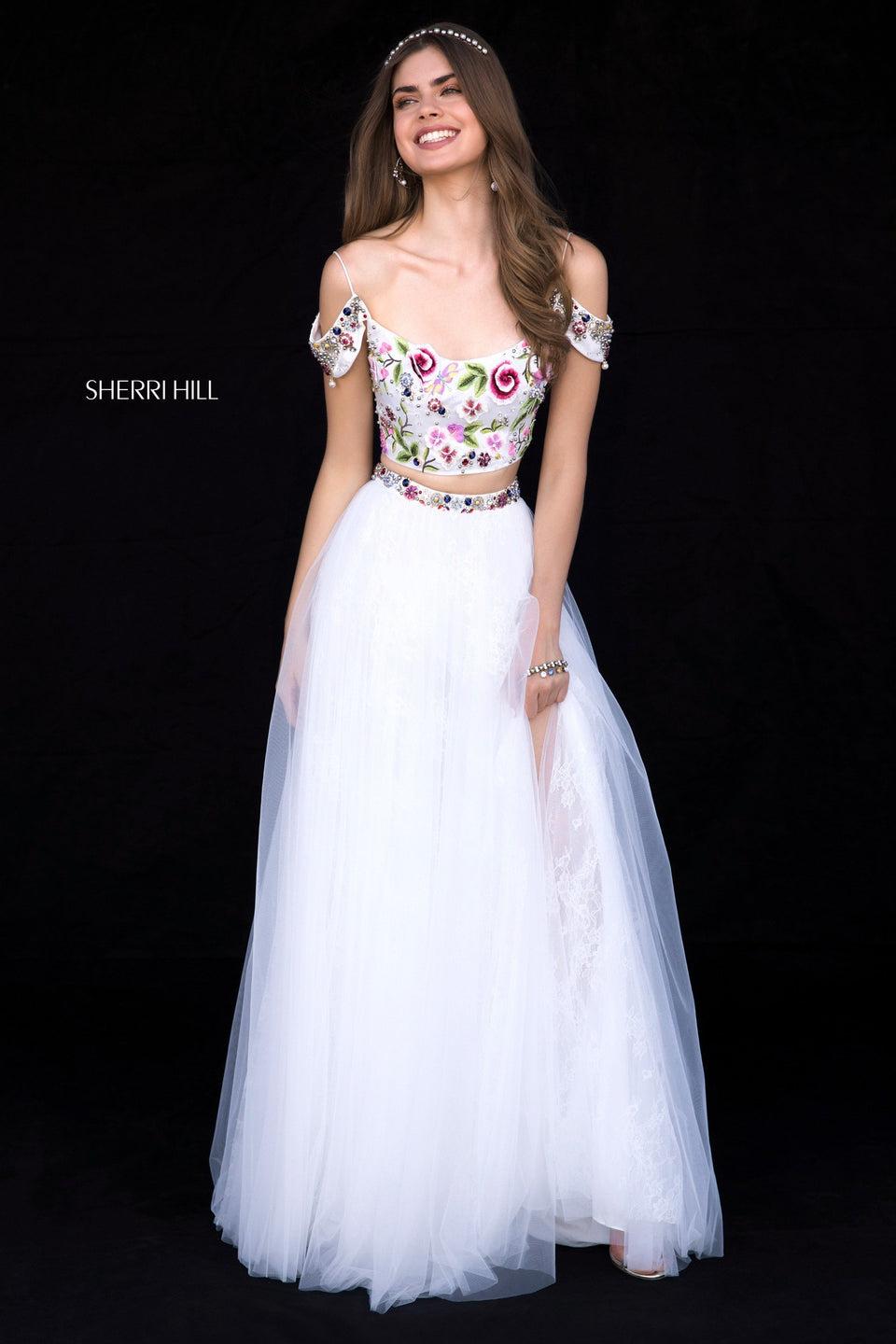 Sherri Hill Two Piece With Satin Flower Embroidered Bodice And Tulle Skirt