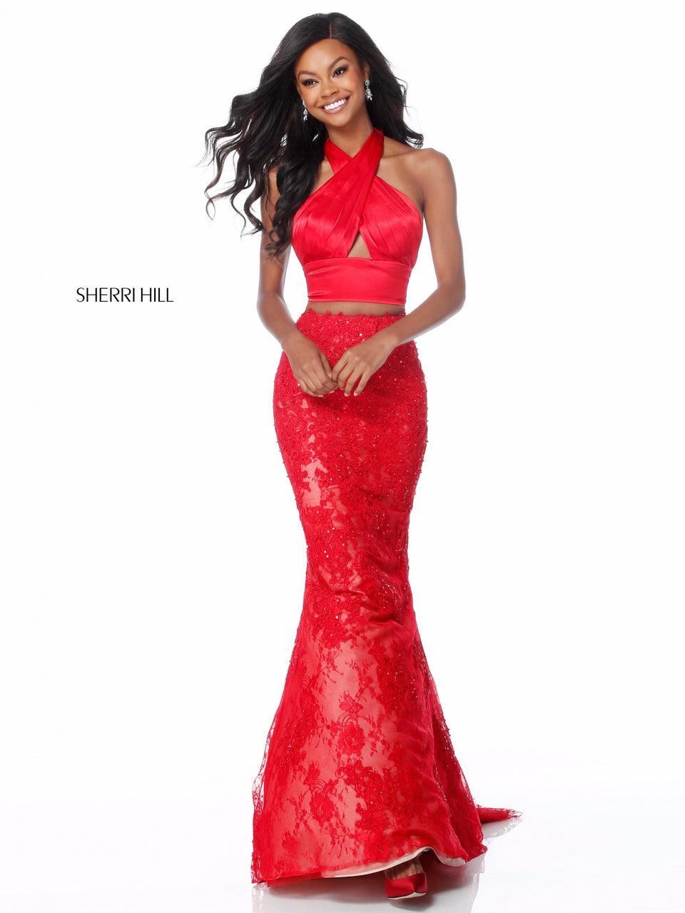 Sherri Hill Two Piece With Satin Front Cross Bodice And Lace Mermaid Skirt