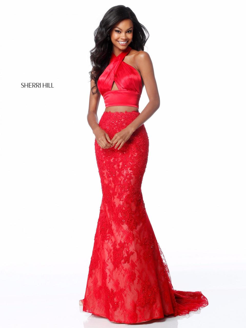 sherri hill Two piece with satin front cross bodice and lace mermaid skirt