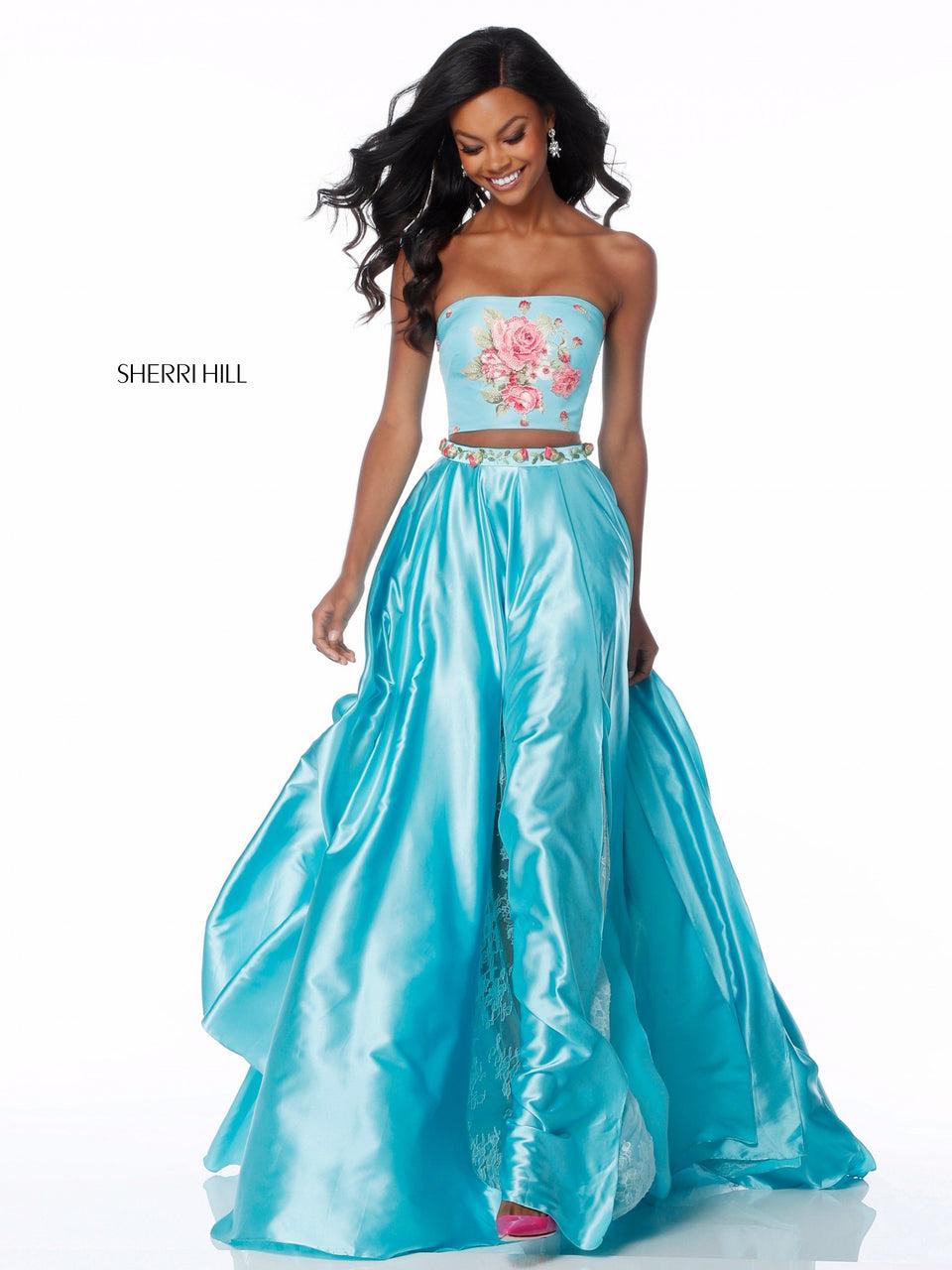 Sherri Hill Two Piece With Strapless Floral Print Bodice And Charmeuse Skirt With Flower Appliques On Belt
