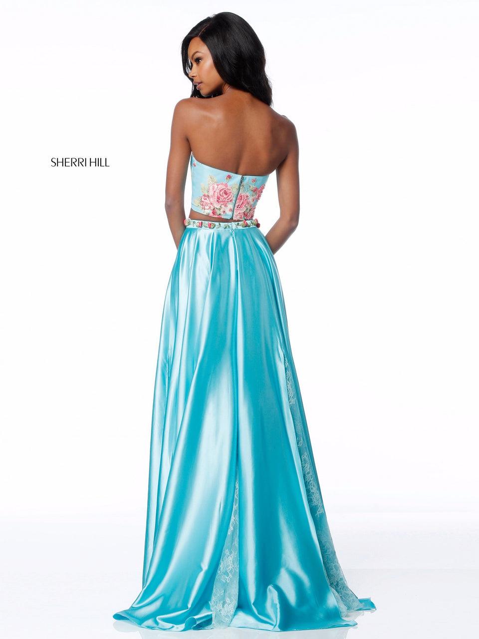 Sherri Hill Two Piece With Strapless Floral Print Bodice And Charmeuse Skirt With Flower Appliques On Belt