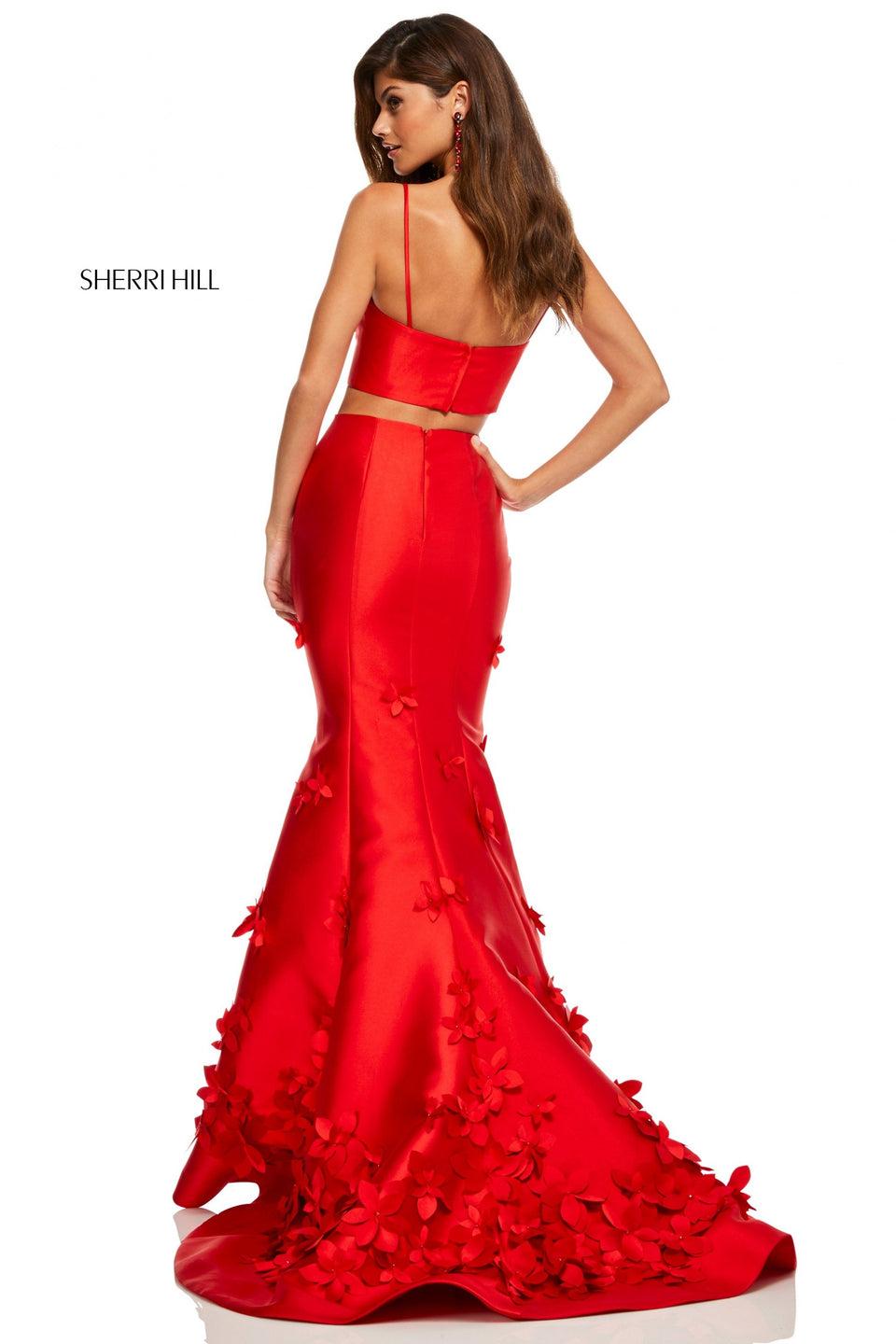 Sherri Hill Two-piece With V-neck Bodice And Mermaid Skirt With 3D Floral Applique