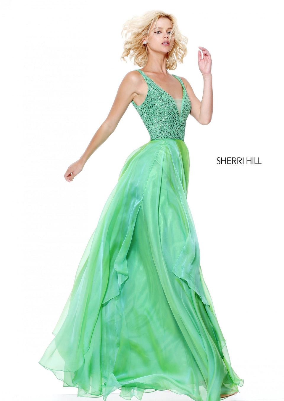 Sherri Hill V-neck Beaded Bodice With Layered Chiffon Skirt
