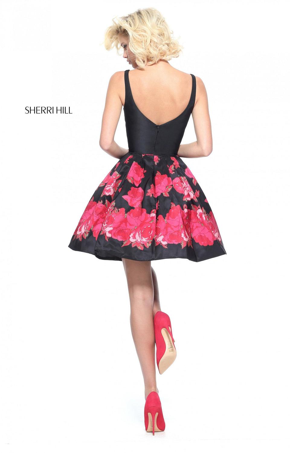 Sherri Hill V-neck Cocktail With A Solid Bodice And Floral Print A-line Skirt