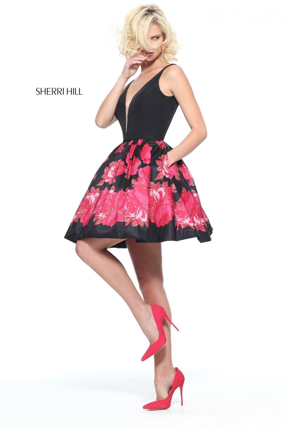 sherri hill V-neck cocktail with a solid bodice and floral print A-line skirt