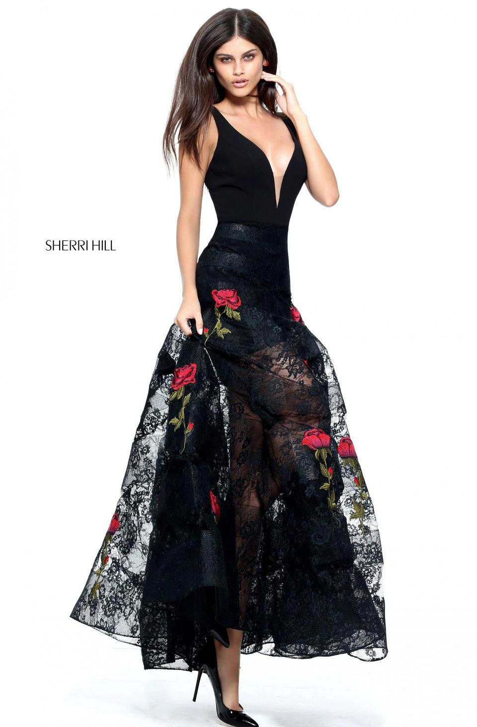 Sherri Hill V-neck Fitted A-line With A Lace And Red Flower Applique Sheer Skirt