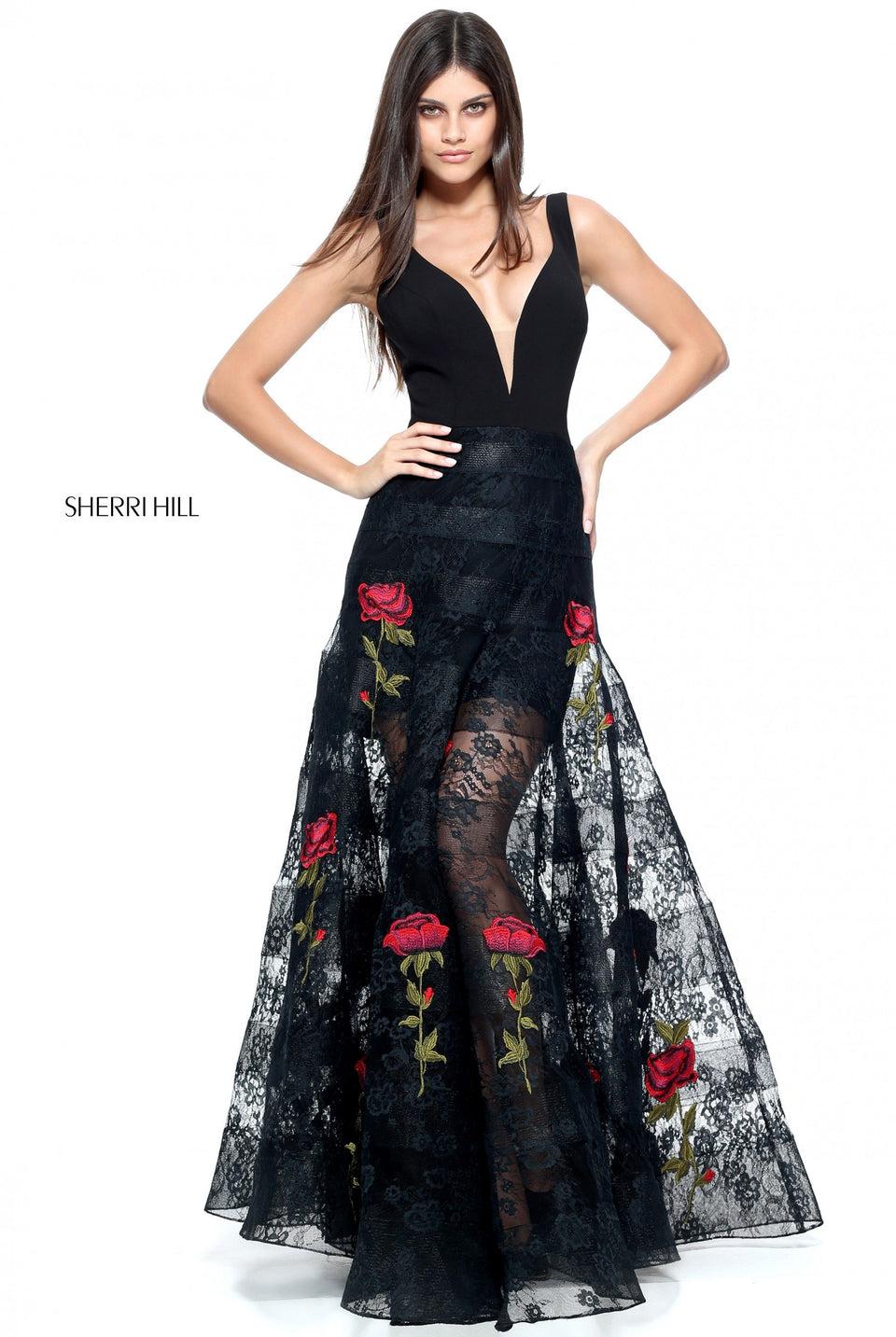 Sherri Hill V-neck Fitted A-line With A Lace And Red Flower Applique Sheer Skirt