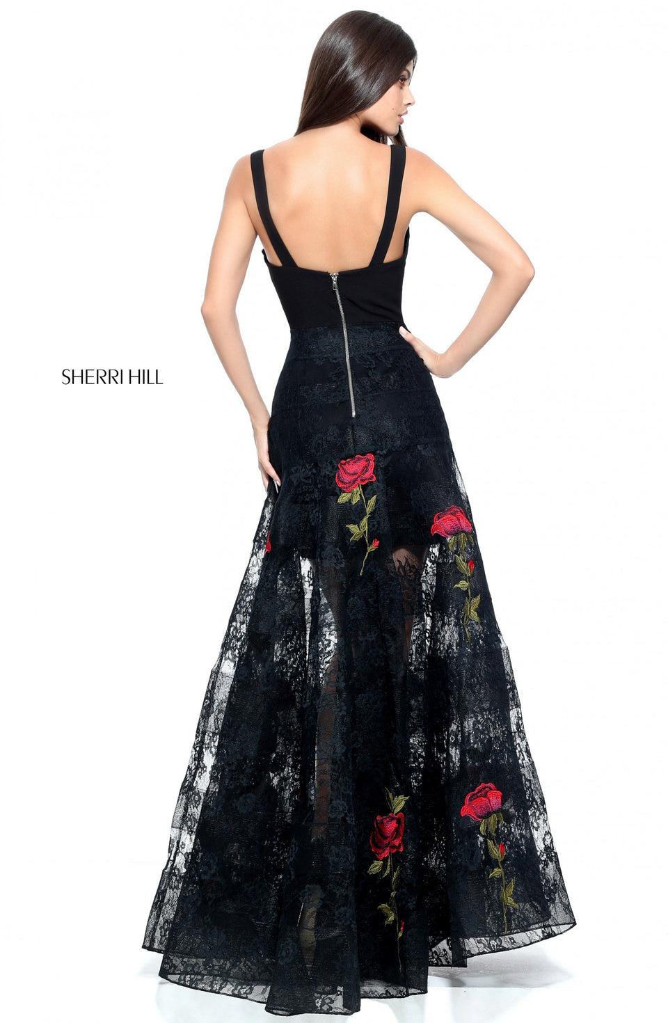 Sherri Hill V-neck Fitted A-line With A Lace And Red Flower Applique Sheer Skirt