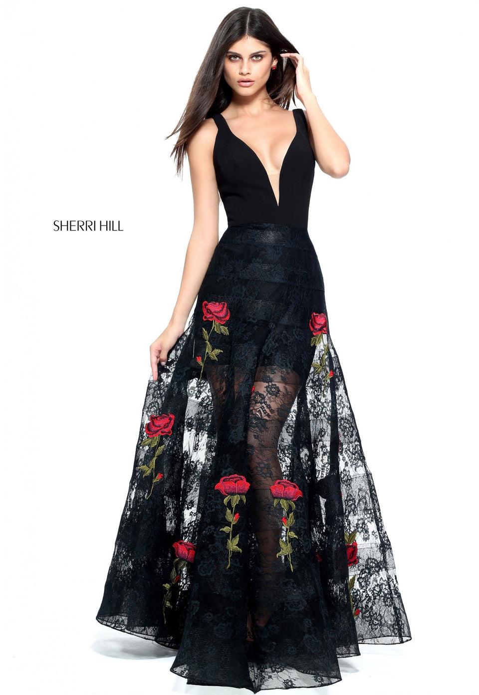sherri hill V-neck fitted A-line with a lace and red flower applique sheer skirt