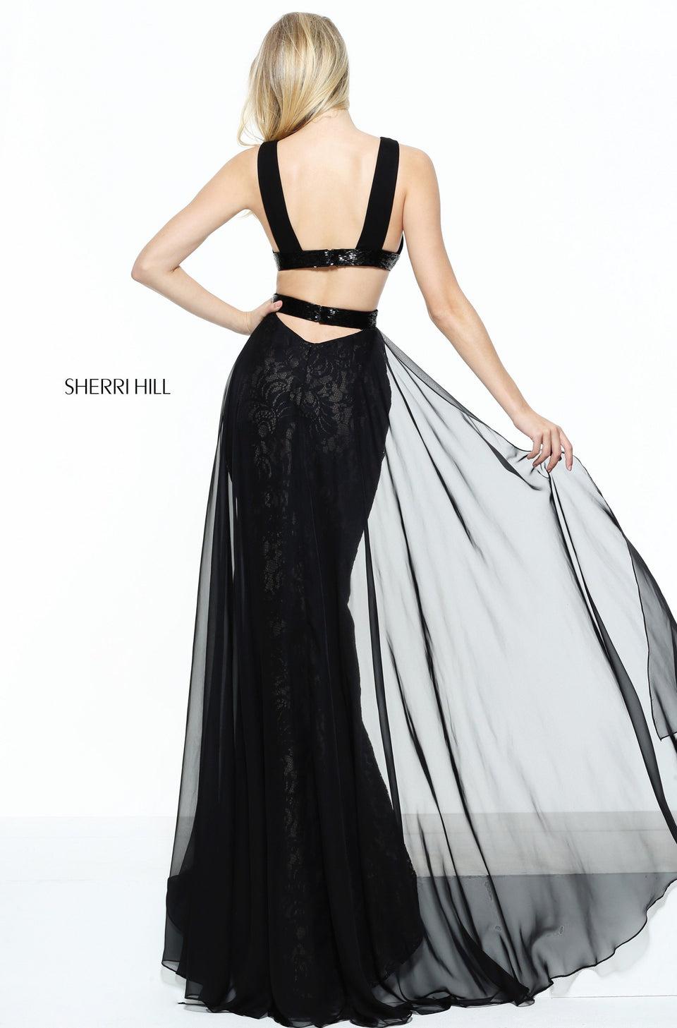 Sherri Hill V-neck Fitted Lace Column With A Chiffon Over Skirt