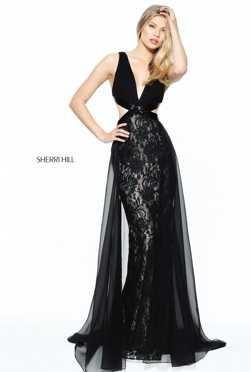 Sherri Hill V-neck Fitted Lace Column With A Chiffon Over Skirt