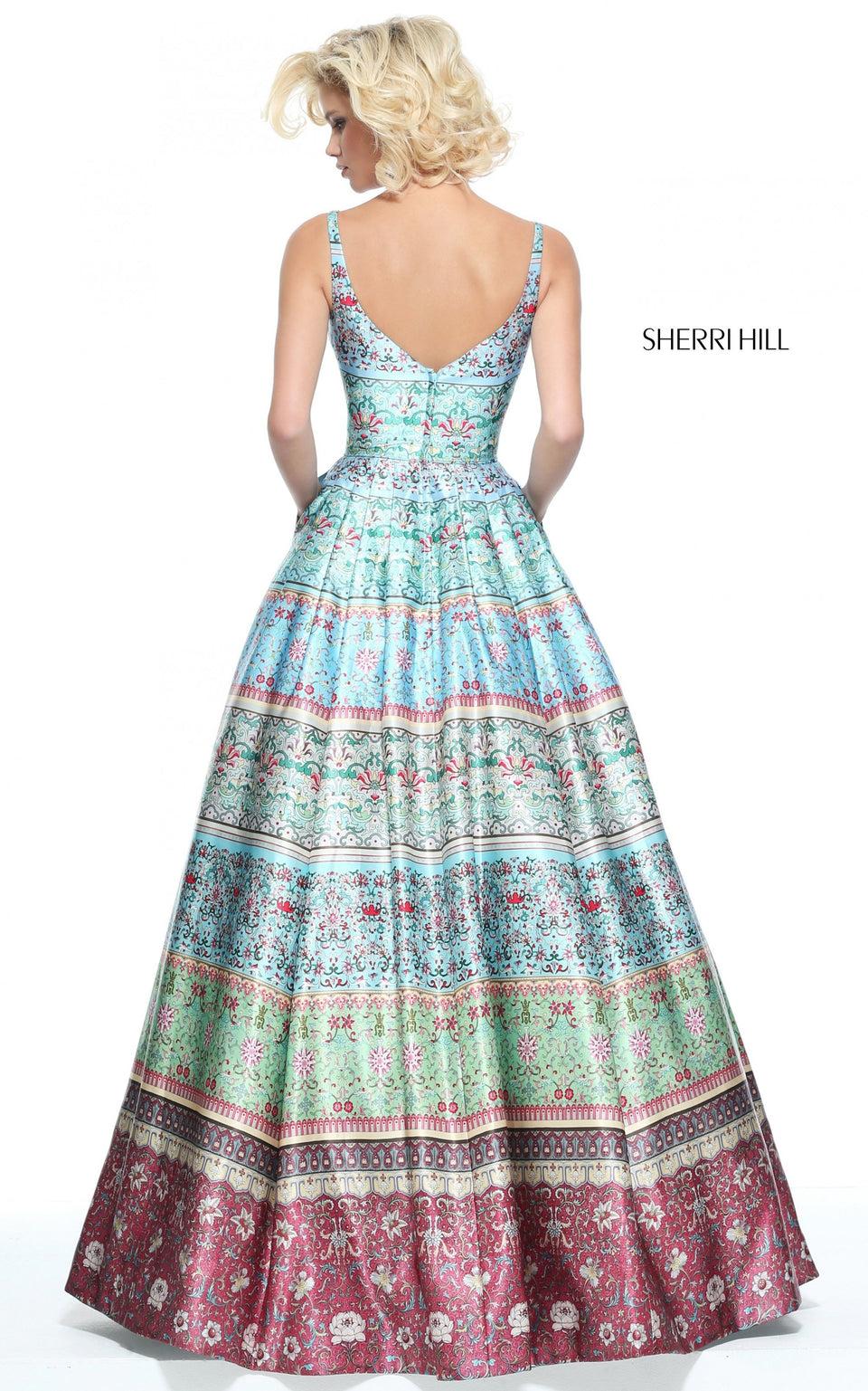 Sherri Hill V-neck Multi Blue Green Print Ball Gown