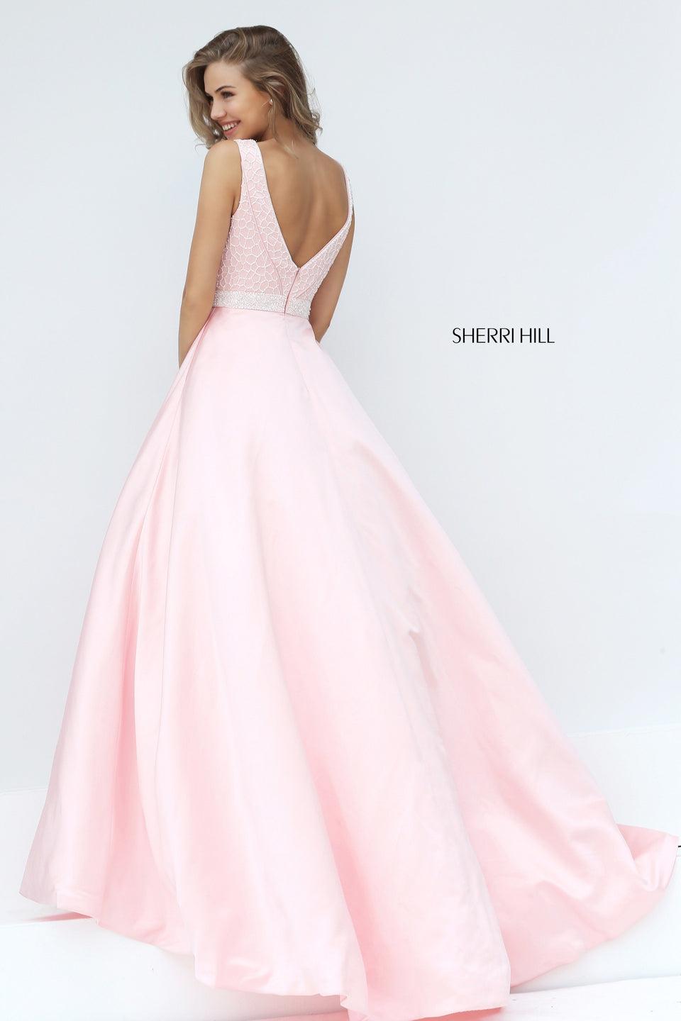 Sherri Hill V-neck Satin Ball Gown With Ivory Liquid Beaded Bodice