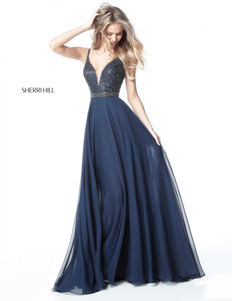 sherri hill V-neck spaghetti strapped chiffon with a beaded bodice