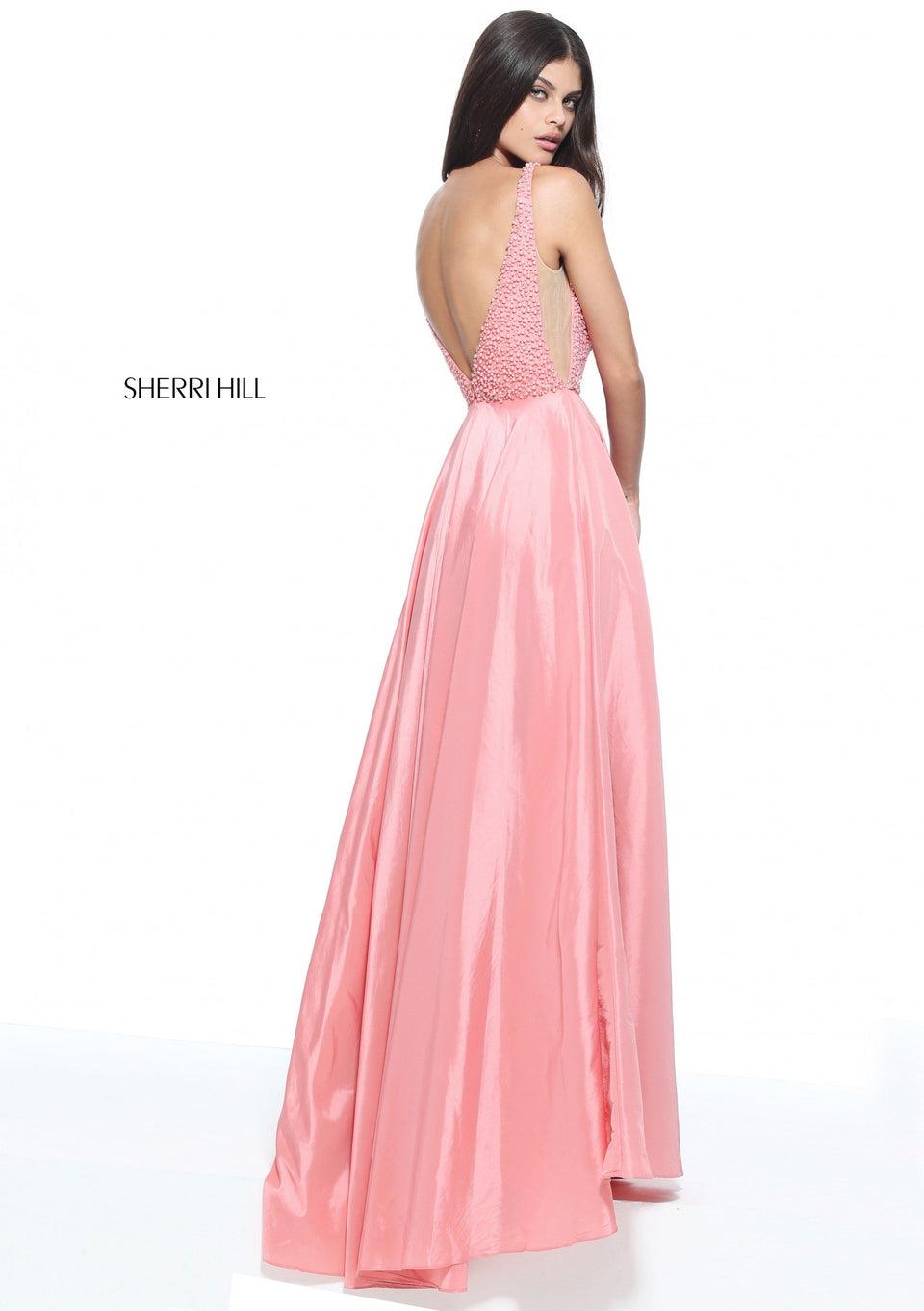 Sherri Hill V-neck Taffeta A-line Gown With A Pearl Encrusted Bodice And Sheer Sides