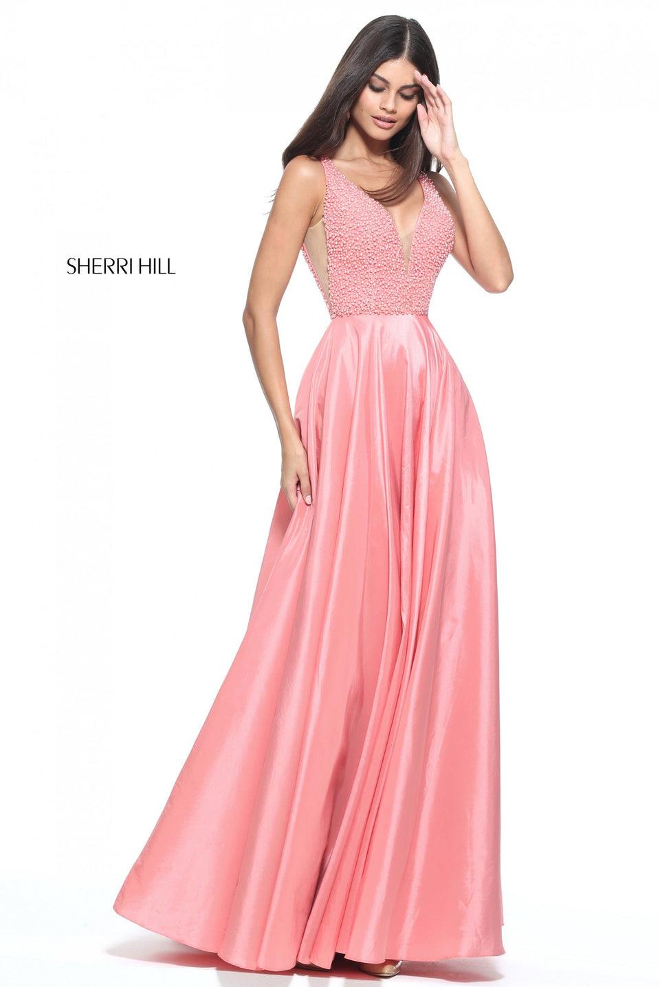 sherri hill V-neck taffeta A-line gown with a pearl encrusted bodice and sheer sides
