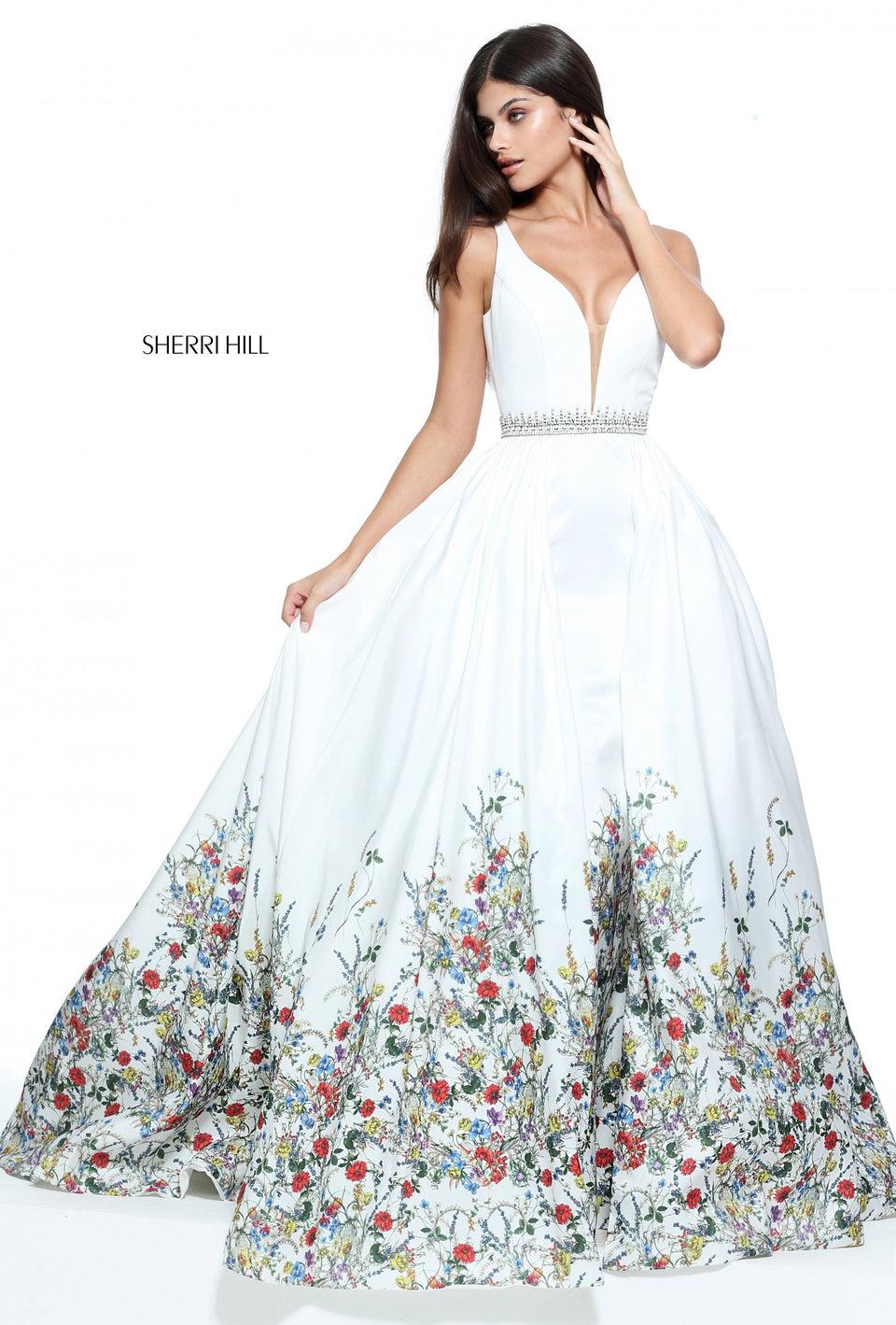 Sherri Hill V-neck Taffeta Column Gown With A Floral Border Print Over Skirt