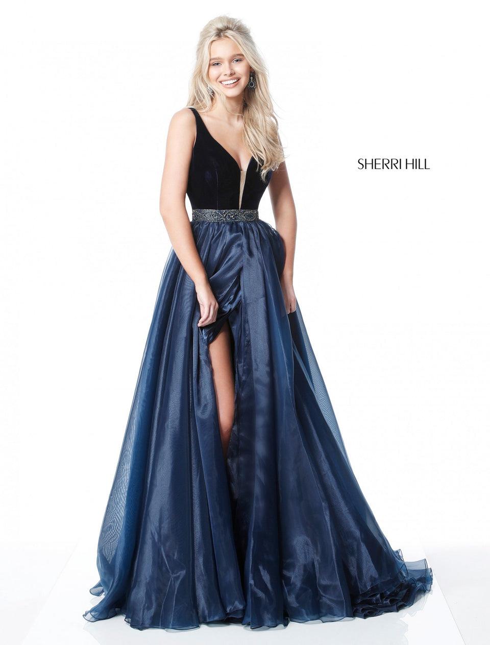 sherri hill Velvet bodice with deep V bodice and organza A-line skirt