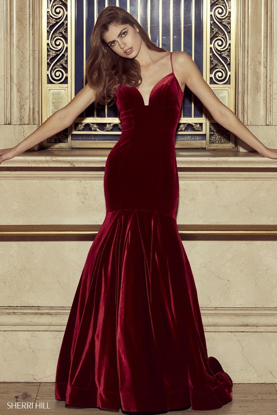 sherri hill Velvet mermaid gown with modified sweetheart neckline and corset style lace up back