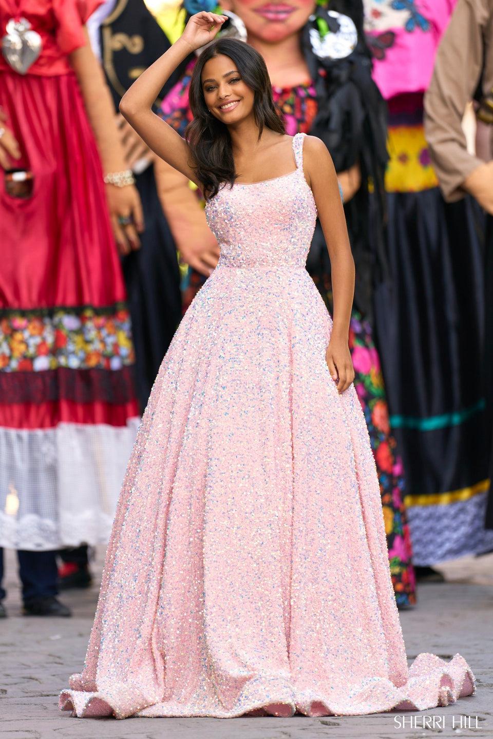 Sherri Hill Velvet Sequin Ballgown With Straight Neckline