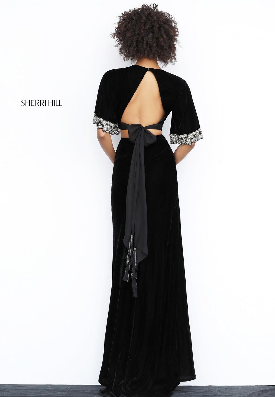 Sherri Hill Velvet Two Piece Deep V Bodice With Bead Appliqued Flare Sleeves And Keyhole Back