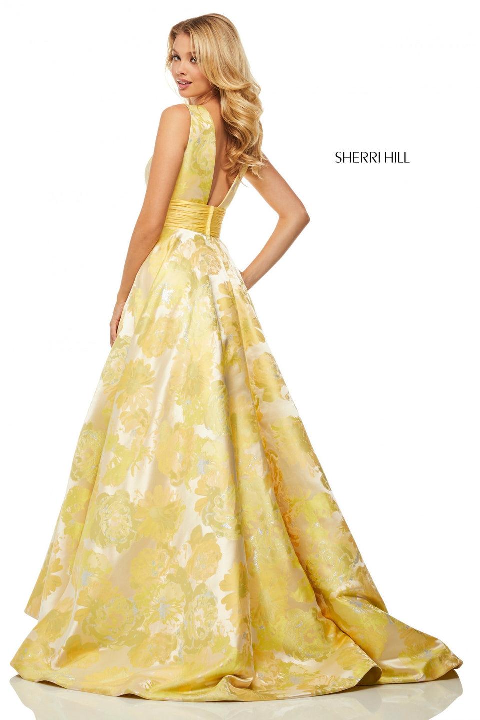 Sherri Hill Yellow Brocade Ball Gown With A Deep-V Bodice And Sides