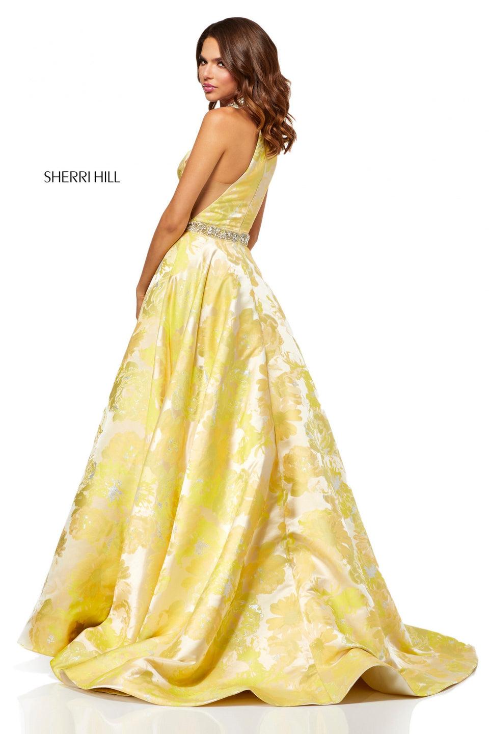 Sherri Hill Yellow Floral Print Ball Gown With High Neck And Beaded Waist Band